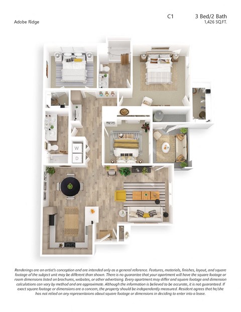 Three Bedroom Two Bath Premium Floor Plan